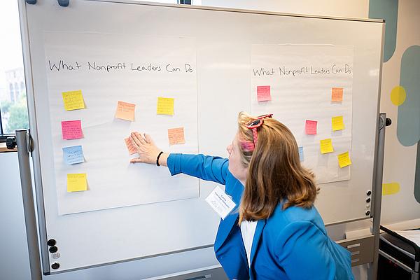 A participant adds a post-it note to the "What Nonprofit Leaders" can do list